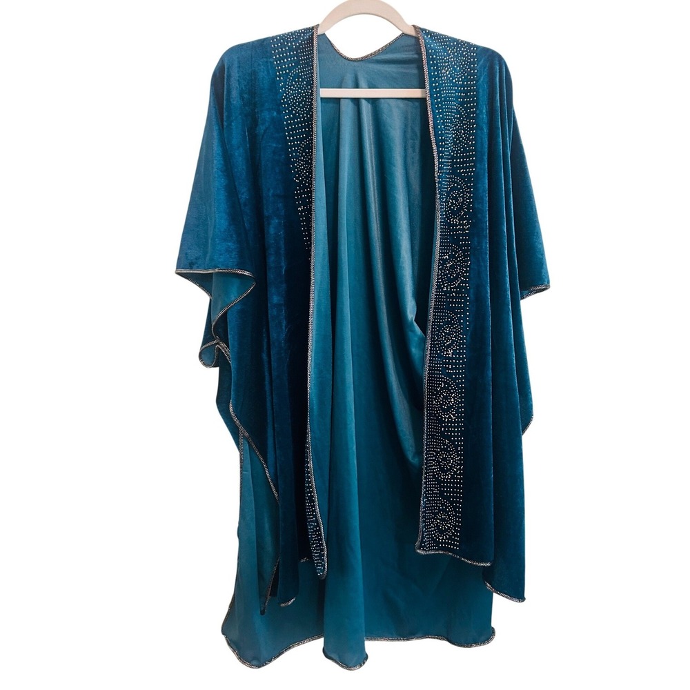 Jessica McClintock Teal Blue Velvet Kimono Wrap Crystal Embellished One Size